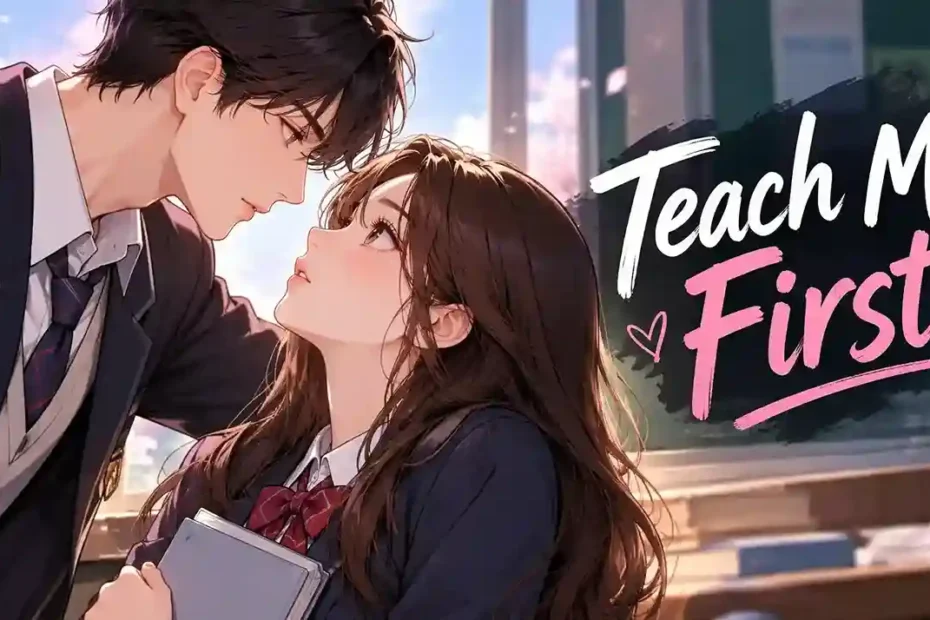 Teach Me First comic featuring illustrated characters in a romantic webtoon-style classroom scene.